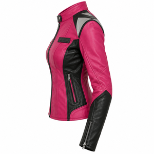 Pink Leather Jacket <b>Womens</b> Black Contrast Silver Shoulder Biker Fit Zipper Cuff Custom Racer <b>Outerwear</b> Track Coat Brand Darkry - Product Image 4