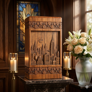 Handcrafted Wooden Urn Carved Cityscape Design Natural Wood Finish Commemoration <b>Keepsake</b> <b>Box</b> Adult Funeral Supply - Product Image 6