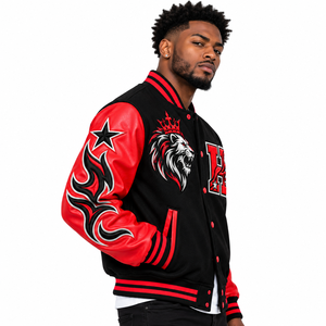 Veste universitaire noire et rouge pour homme, broderie Lion Crown H, manches flamboyantes, streetwear - Product Image 5