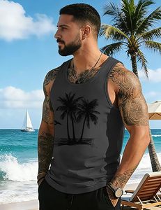 Débardeur noir pour homme, col rond, imprimé palmiers, décontracté, respirant, tricoté, couleur unie - Product Image 5