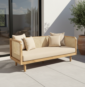 Sofá de Exterior Moderno Kana de 2 Plazas con Incrustaciones de Mimbre de Teca, Resistente al Agua, Multifuncional, para Hoteles Boutique - Product Image 5