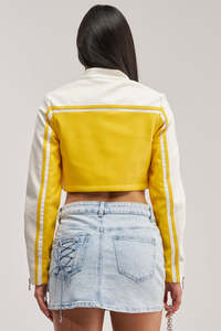 Splendid Apparel Veste de motard color block pour femme en cuir PU blanc et jaune, manches longues, col montant, fermeture éclair, respirante - Product Image 5