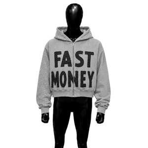 Grey Fast Money Rhinestone Zip Up Hoodie Black Letter Graphic Cropped <b>Streetwear</b> <b>Y2K</b> Hip Hop Oversized Crystal Studded Fashion - Product Image 1