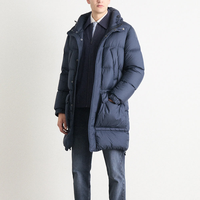 Veste d'hiver pour homme, longue, à capuche, rembourrée en coton, coupe-vent, col montant épais, fermeture éclair, motif camouflage, bleu marine sur le devant