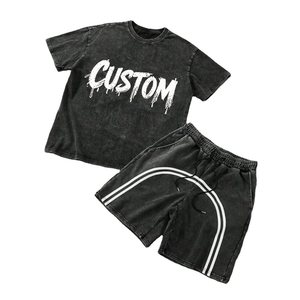 Ensemble T-shirt et short en coton pour homme, col rond, délavé à l'acide, décontracté, respirant, tricoté, style sportswear, effet soleil éclairé, pour l'été - Product Image 3