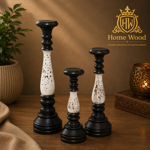 Wooden <b>Candlestick</b> Holder Set of 3 TALL <b>Black</b> and White Distressed Finish for Home Decoration - Product Image 3
