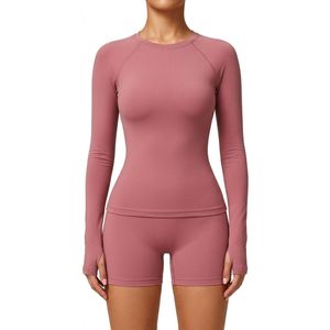 Custom <b>Rose</b> Pink Women's Fitted Long Sleeve Yoga Shirt Crew Neck Training Top Studio Workout Activewear - Product Image 1