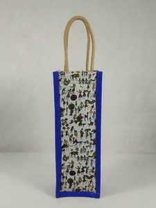Sac cadeau pour bouteille de vin en jute imprimé fait main avec poignées en corde - Product Image 1
