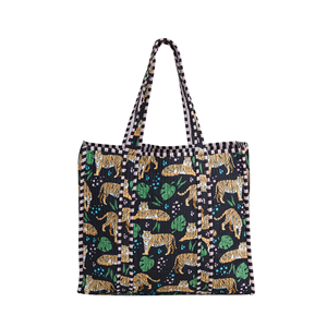 Handmade Durable Lightweight Quilted Cotton <b>Tote</b> <b>Bag</b> Tiger Print <b>Cat</b> Black Reversible Open Shoulder Shopping Beach Women Summer - Product Image 1