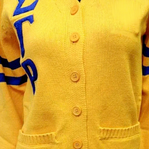 Top Women's <b>Yellow</b> V-Neck Double Breasted Cardigan Full Sleeve Embroidered Sigma Gamma Rho Sorority Knit Winter Vintage - Product Image 3