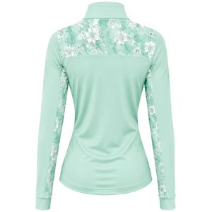 Haut de sport athlétique vert menthe pour femme avec quart de zip, panneau floral sur la manche, manches longues, pour entraînement et fitness - Product Image 2
