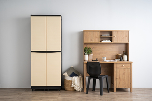 Modern PVC <b>Storage</b> Cabinet Black Frame Beige Doors Four Door Multi Purpose <b>Tall</b> House Utility Organizer Cupboard Tower Unit - Product Image 5