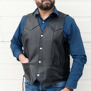 Men’s Black Genuine Leather Western <b>Vest</b> Classic Snap Front <b>Cowboy</b> Waistcoat with Side Lace Design - Product Image 1