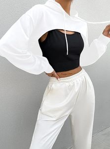 Sudadera con capucha corta blanca de manga regular, color sólido, informal, para otoño, para mujer - Product Image 6