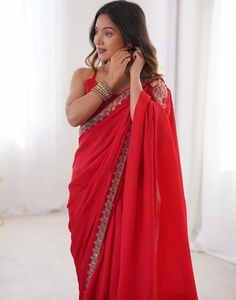 KV Silk Blend <b>Red</b> Embroidered <b>Saree</b> With Unstitched Blouse - Product Image 1