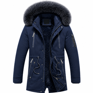 Winter Solid Color Hooded Men's Fleece <b>Jacket</b> Plain Dyed Long Stand Collar Polyester/Cotton Thick Slim Fit Winter Men Parka - Product Image 3