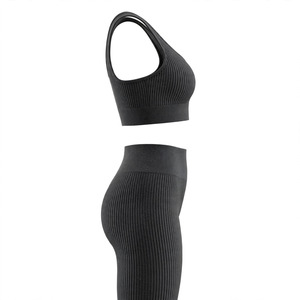 Women's Custom Color Ribbed Yoga Set Square Neck Racerback Sports Bra High Waist Full Length <b>Leggings</b> <b>Seamless</b> Breathable - Product Image 3