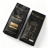 Sacs à café personnalisés à fond plat noir mat avec valve de dégazage et fermeture éclair à languette pour l'emballage des grains de café