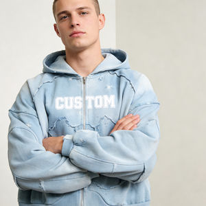 Sweat-shirts à capuche surdimensionnés pour hommes, style streetwear décontracté, bleu clair tie-dye, effet usé et déchiré, fermeture éclair intégrale, impression personnalisée, vente en gros usine - Product Image 5