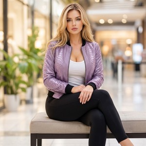 <b>Leather</b> Spot New Women's Lilac Snake Skin Vintage Embossed Quilted Breathable Eco-Friendly Bomber <b>Jacket</b> Silk Lining <b>Winter</b> Coat - Product Image 5