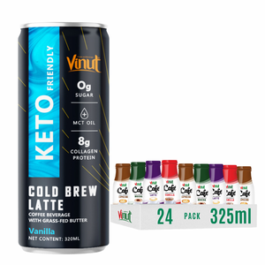 เครื่องดื่มกาแฟคีโต อาราบิก้า โรบัสต้า กระป๋องอะลูมิเนียม 320 มล. ปราศจากนม ไม่ใช่จีเอ็มโอ วินัท รับผลิตแบรนด์ส่วนตัว (OEM/ODM) ผู้ผลิตเครื่องดื่ม 8 บริกซ์ - Product Image 1