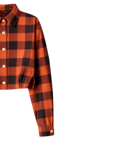 Chemisier court personnalisé à carreaux orange et noir pour femme, col rabattu, manches longues, boutonné, style décontracté, fournisseur OEM - Product Image 4