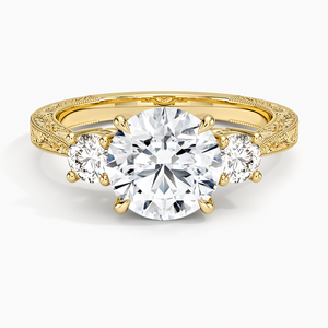 Bague de fiançailles vintage à trois pierres en diamant taille ronde avec bande gravée en milgrain, or massif 10K, certifiée IGI - Product Image 1