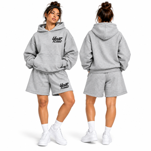 Ensemble 2 pièces en molleton de coton uni pour femme, avec sweat à capuche et short à taille élastique, collection automne, vente en gros - Product Image 4
