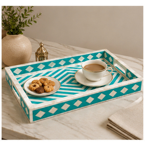 Geometric Bone Inlay <b>Decorative</b> <b>Tray</b> Turquoise Chevron Handmade Resin Serving <b>Tray</b> <b>for</b> <b>Coffee</b> <b>Table</b> and Wholesale Home Decor - Product Image 6