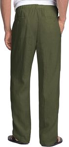 Pantalon en lin vert olive pour homme, coupe droite décontractée, taille élastique, léger, pantalon d'été avec poches - Product Image 3