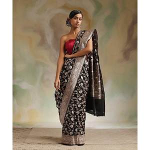 ATRACTIVO BANARASI TEJIDO DE HILO DE SEDA SUAVE TRABAJO SAREE CON BLUSA SIN COSTAR NEGRO - Product Image 1