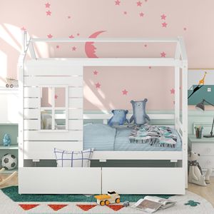 Letto a casetta in legno bianco per bambini, misura Twin, con due cassetti contenitore - Product Image 2