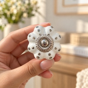 SHUBHAM Luxury Ivory White Ceramic Flower Cabinet <b>Knob</b> with Silver Metal Center & Decorative <b>Crystal</b> Dots for <b>Drawer</b> - Product Image 1