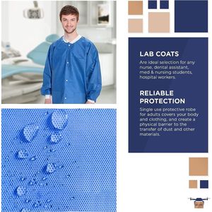 Giacca da laboratorio monouso da 35 \ "100 abiti da lavoro per adulti blu SMS 40 Gsm PPE abbigliamento con bottiglietta anteriore in maglia polsini colletto 3 abbigliamento da lavoro - Product Image 3