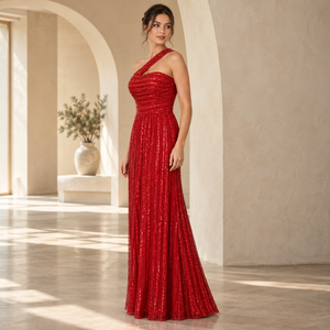 Vestido de Noche Rojo Rubí con Lentejuelas y un Solo Hombro Descubierto |   Vestido Asimétrico Largo hasta el Suelo con Corte en A y Cintura Ajustada para Eventos y Fiestas - Product Image 3