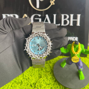 Montre à quartz de luxe pour homme, argentée, sertie de pierres, bracelet en acier inoxydable, cadran bleu, étanche, style hip-hop, montre-bracelet tendance - Product Image 1