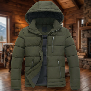 Blouson matelassé à capuche pour homme, hiver, épais et chaud, fermeture éclair, décontracté, vert olive, rembourrage en polyester, col montant, coupe classique - Product Image 3