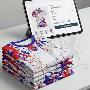 Camiseta de Manga Corta para Hombre, Cuello Redondo, Roja, Azul y Blanca, con Patrón Pintado a Mano, de Secado Rápido, Tejido de Punto, Corte Regular, Estilo Casual - Product Image 2