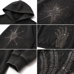 Sweat à capuche oversize noir délavé à l'acide avec strass, unisexe, streetwear, en coton, imprimé graphique vieilli, personnalisé, haut d'hiver - Product Image 4
