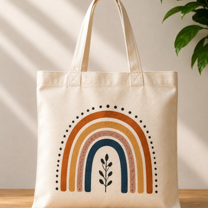 Boho Rainbow Cotton <b>Canvas</b> Tote Bag Eco Friendly Cream Large Capacity Earth Tone Arch Shoulder <b>Handbag</b> Reusable Shopping Tote - Product Image 2