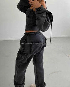 Ensemble pantalon de survêtement et sweat à capuche 3 pièces en coton éponge français brodé à l'acide survêtement pour femme - Product Image 1