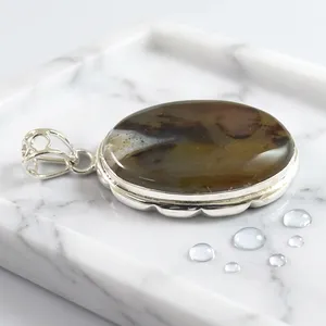 Pendentif en argent sterling 925 avec agate du Montana, ovale, pierre précieuse brune, fait main, style vintage, bijoux en gros, artisan indien - Product Image 2