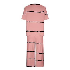 Conjunto de Pijama de Punto a Rayas Rosas para Mujer, Manga Corta, Cuello Redondo, Ropa de Dormir Informal de Verano, Cintura Elástica, Pantalón de Tres Cuartos - Product Image 2