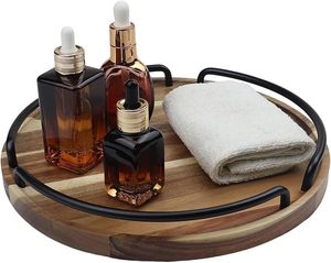 Plateau décoratif rond en bois moderne avec poignées en métal noir, plateau de service pour la décoration de la maison, mariage, Ramadan, Diwali, événements - Product Image 4
