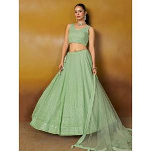 Lehenga Choli de Diseñador en Georgette Bordado con Hilo Verde Menta para Boda - Product Image 6