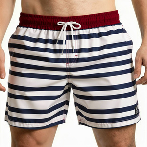 Traje de Baño para Hombre, Color Azul Marino con Rayas Blancas, Secado Rápido, Cintura Media con Cordón, Shorts Casuales, 100% Poliéster Tejido - Product Image 1