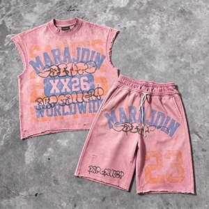 Streetwear Custom Dtg Printing Raw Hem <b>Distressed</b> Graphic Acid Wash Sleeveless T Shirt and Sweat Shorts Set tank <b>Top</b> Men - Product Image 3