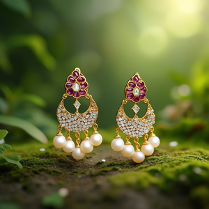 Gold Plated Freshwater Pearl Drop Earrings with Diamond and Tassel Design - Product Image 3