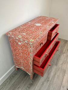 Mother of Pearl Inlay <b>Chest</b> of Drawers Handmade Handmade Red White Floral Inlay Antique Style Bedroom <b>Storage</b> Cabinet - Product Image 3