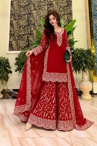 Conjunto de Salwar Kameez Bordado con Pedrería, Color Rojo, Traje Indio Pakistaní para Mujer con Dupatta, para Bodas y Fiestas - Product Image 3